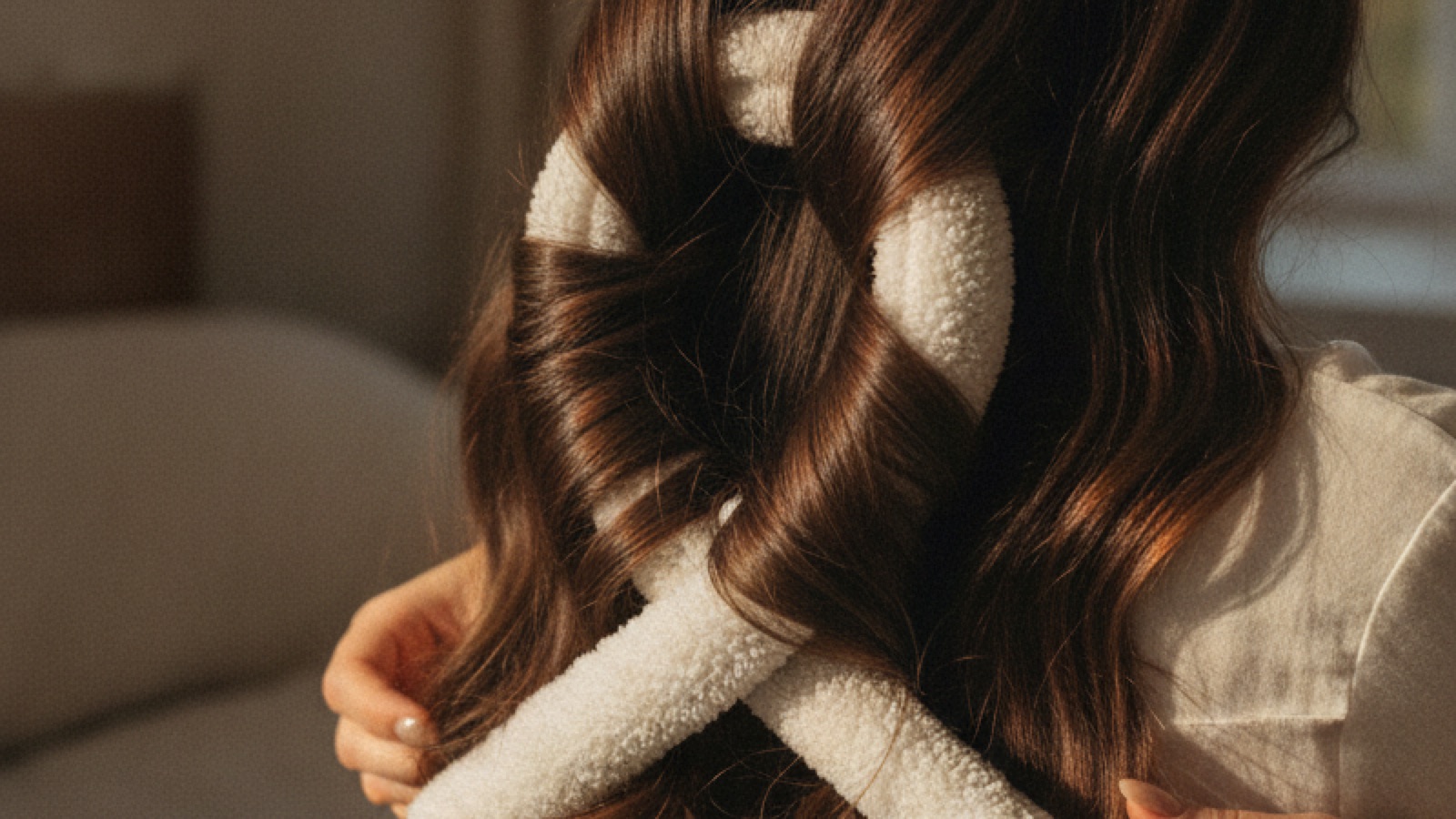 DreamCurl rod mid-wrap in long hair, warm evening light