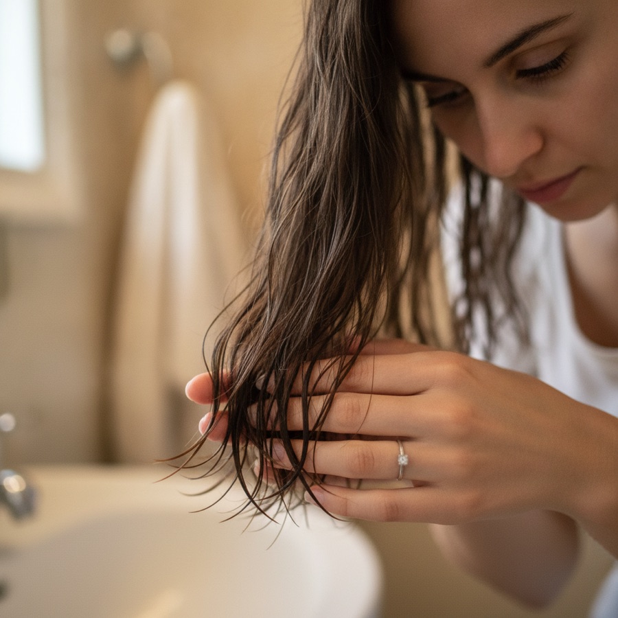 Section of damp hair held before wrapping